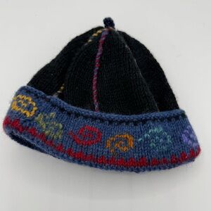 Newari Wool Beanie made in Nepal blue and black with embroidery